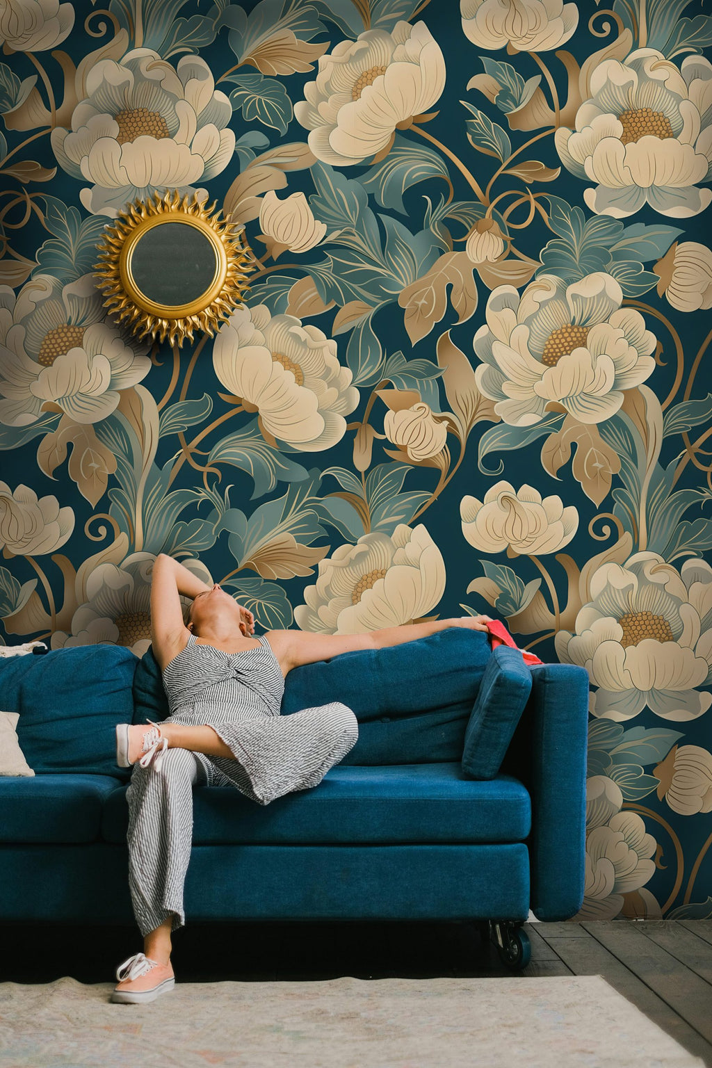 Teal Peony Wallpaper : Gold Art Nouveau Floral Wall Mural - View 3