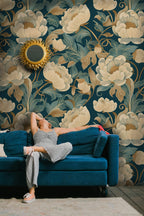 Teal Peony Wallpaper : Gold Art Nouveau Floral Wall Mural - View 3