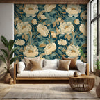 Teal Peony Wallpaper : Gold Art Nouveau Floral Wall Mural - View 4