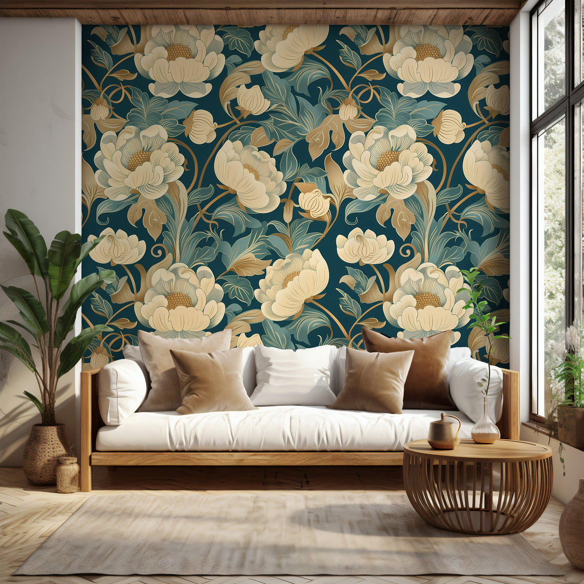 Teal Peony Wallpaper : Gold Art Nouveau Floral Wall Mural - View 4