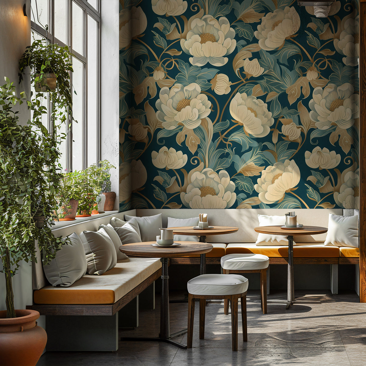 Teal Peony Wallpaper : Gold Art Nouveau Floral Wall Mural - View 5