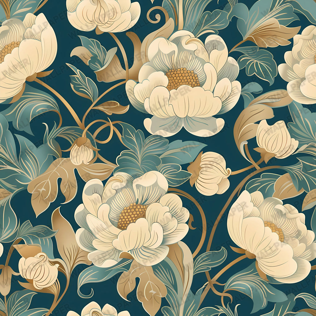 Teal Peony Wallpaper : Gold Art Nouveau Floral Wall Mural - View 2