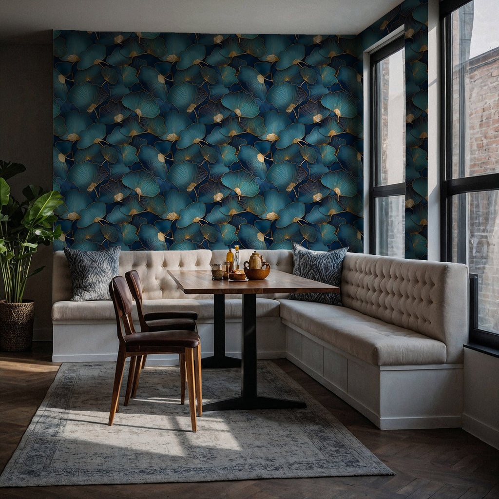 Teal Ginkgo Wallpaper : Gold Veined Leaf Luxury Wall Mural - View 3