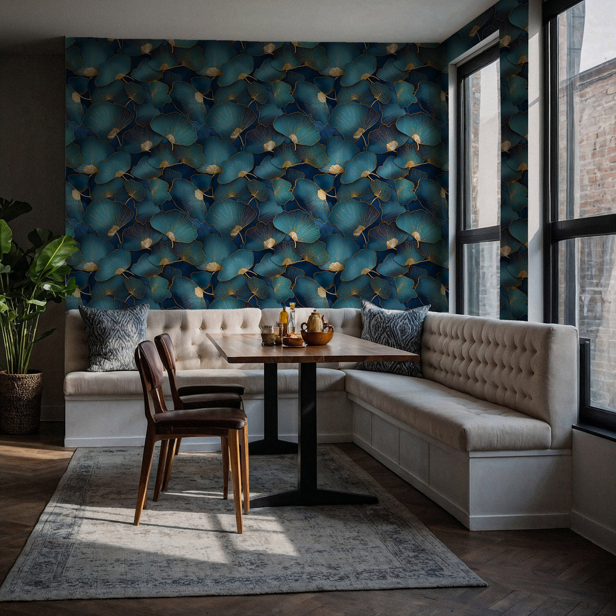 Teal Ginkgo Wallpaper : Gold Veined Leaf Luxury Wall Mural - View 3