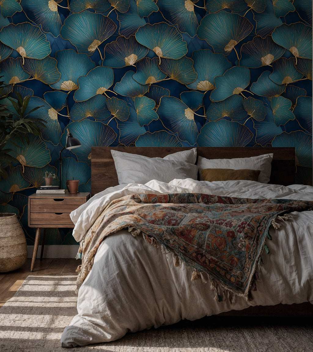 Teal Ginkgo Wallpaper : Gold Veined Leaf Luxury Wall Mural