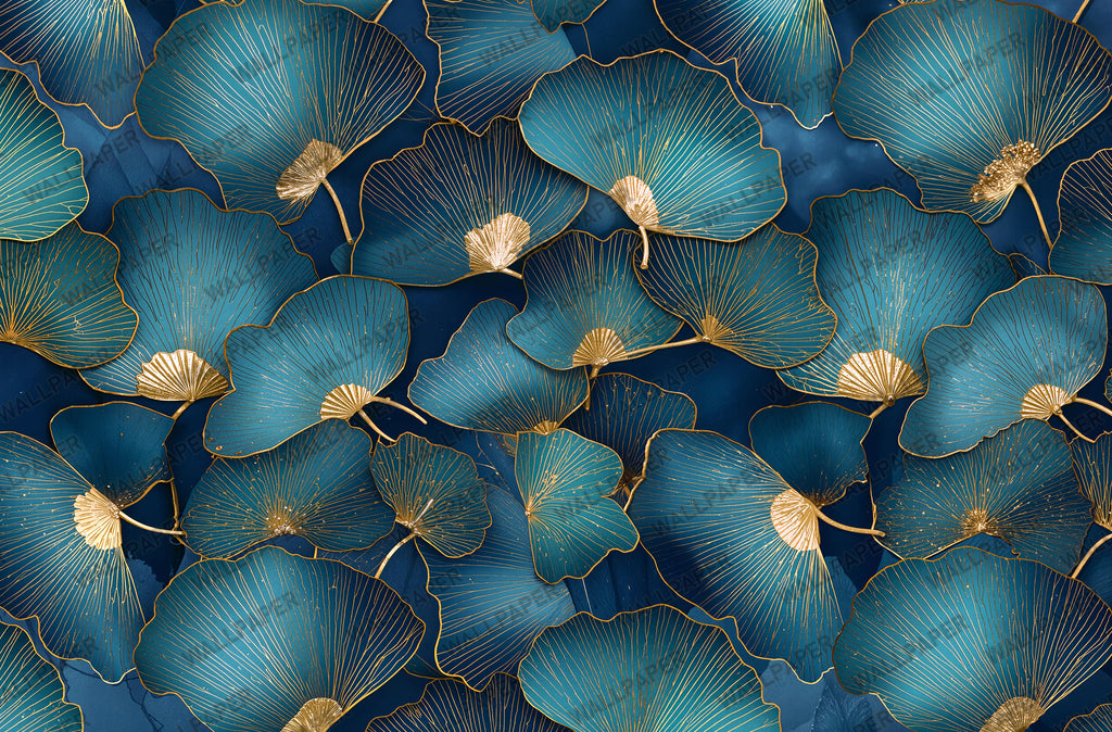 Teal Ginkgo Wallpaper : Gold Veined Leaf Luxury Wall Mural - View 2