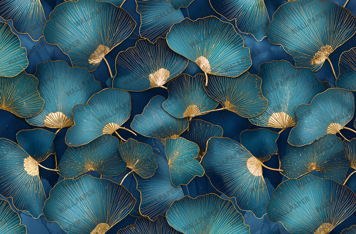 Teal Ginkgo Wallpaper : Gold Veined Leaf Luxury Wall Mural - View 2