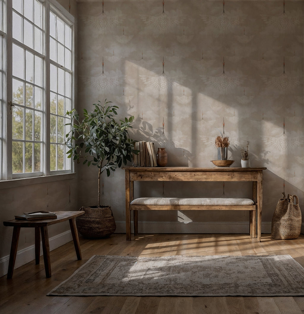 Beige Crane Wallpaper : Subtle Japanese Bird Pattern Mural - View 2