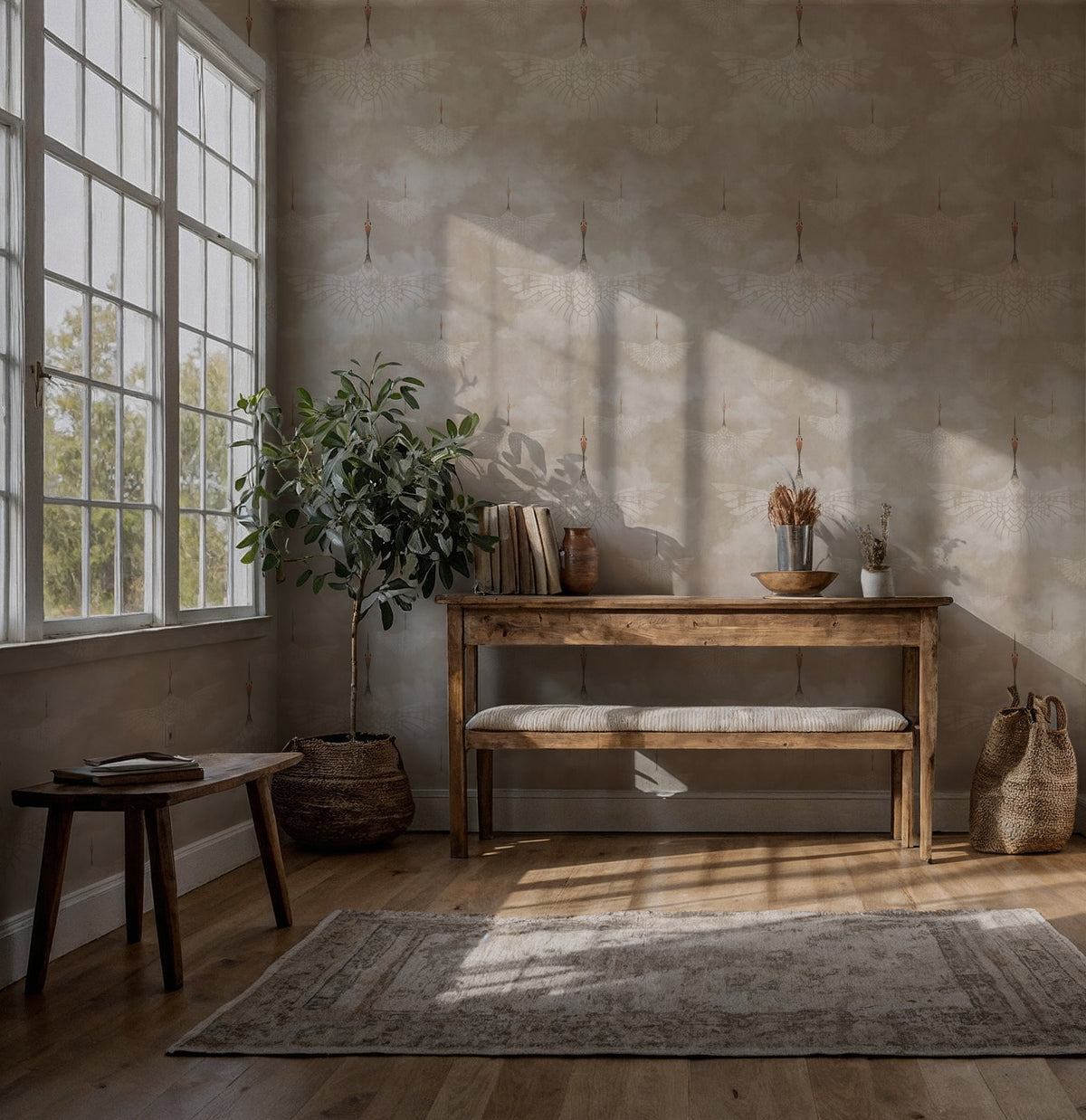Beige Crane Wallpaper : Subtle Japanese Bird Pattern Mural - View 2