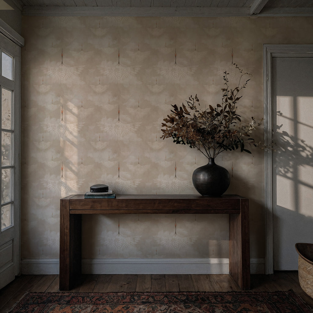 Beige Crane Wallpaper : Subtle Japanese Bird Pattern Mural - View 3