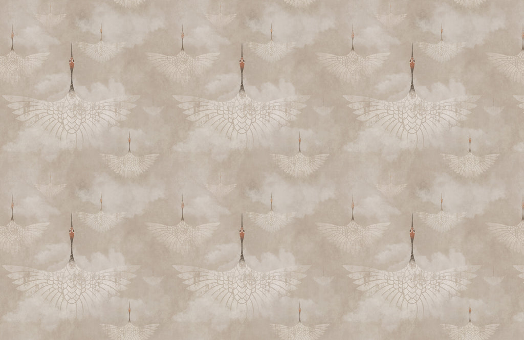 Beige Crane Wallpaper : Subtle Japanese Bird Pattern Mural - flat design