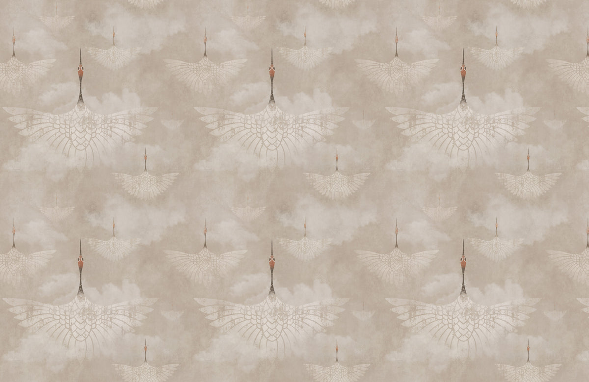 Beige Crane Wallpaper : Subtle Japanese Bird Pattern Mural - flat design