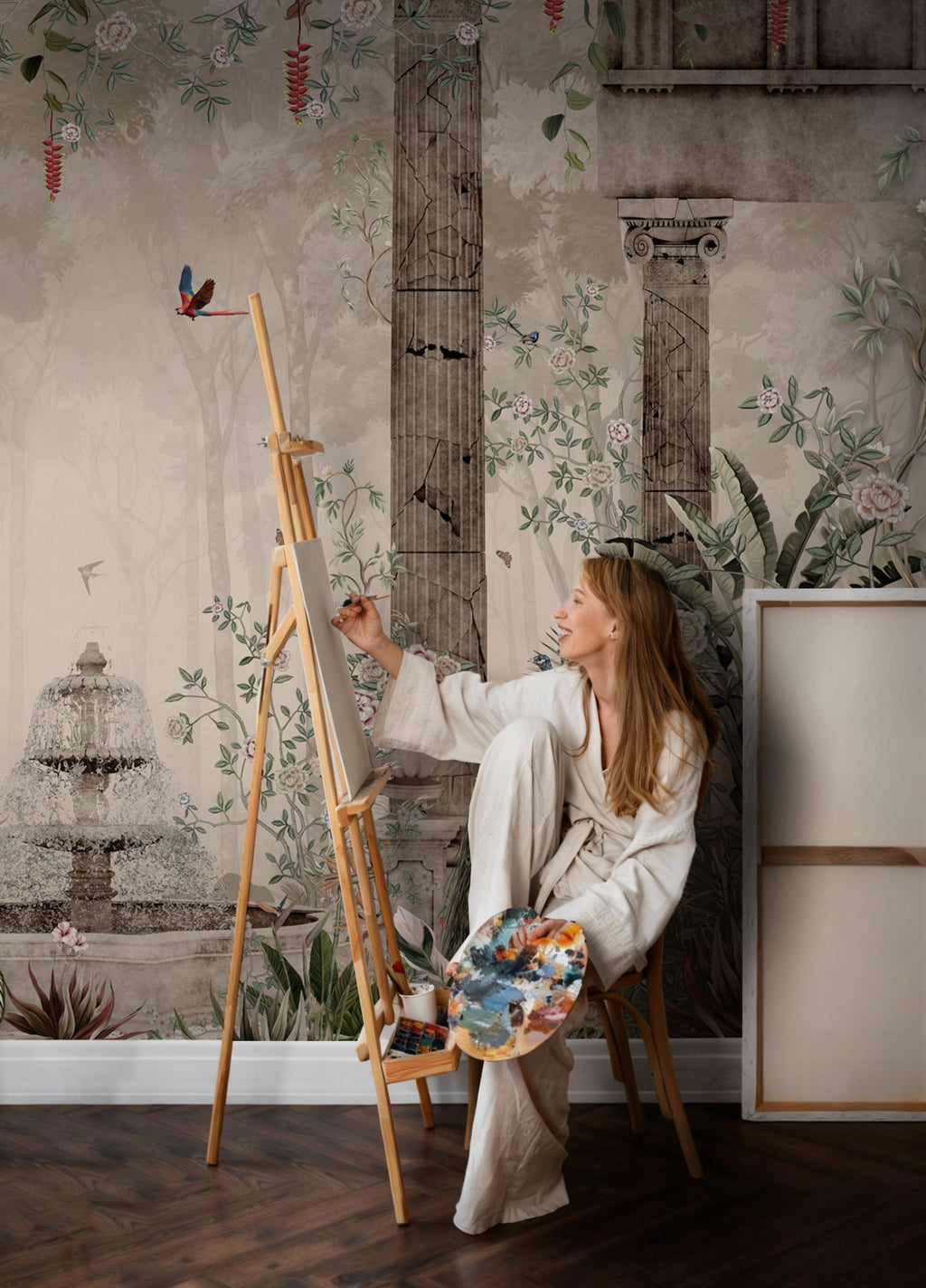 Peacock Garden Wallpaper : Ancient Columns and Fountain Mural