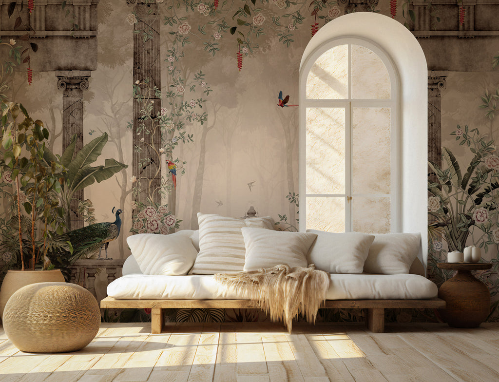 Peacock Garden Wallpaper : Ancient Columns and Fountain Mural - View 2