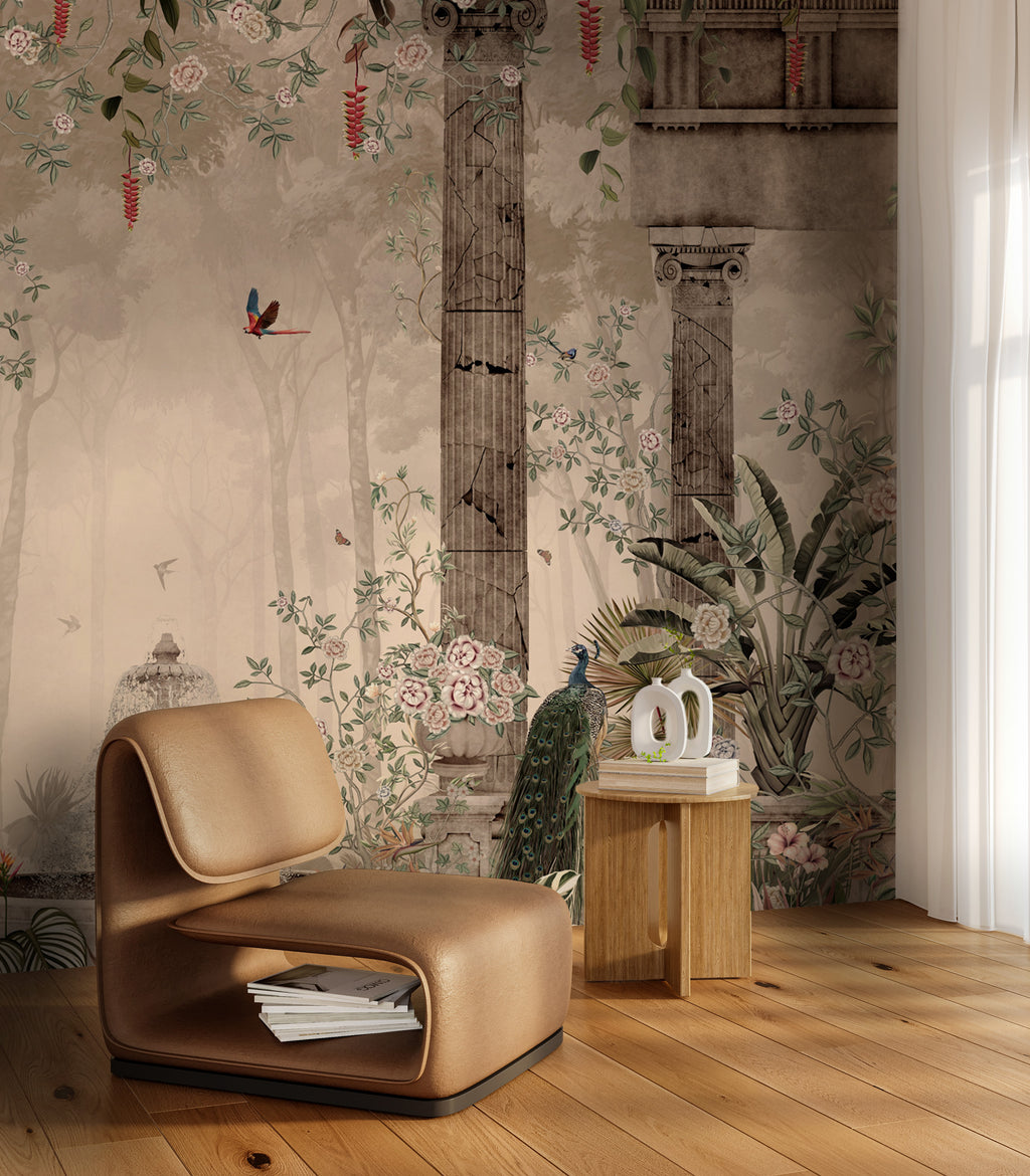 Peacock Garden Wallpaper : Ancient Columns and Fountain Mural - View 3