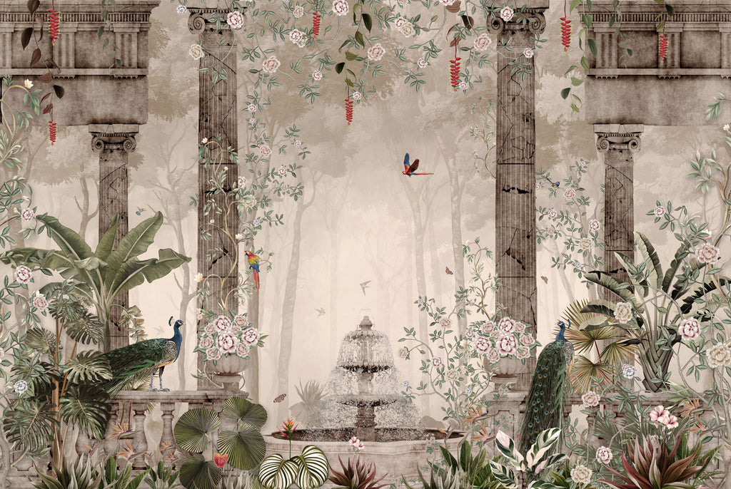 Peacock Garden Wallpaper : Ancient Columns and Fountain Mural - flat design