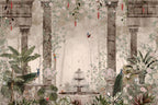 Peacock Garden Wallpaper : Ancient Columns and Fountain Mural - flat design