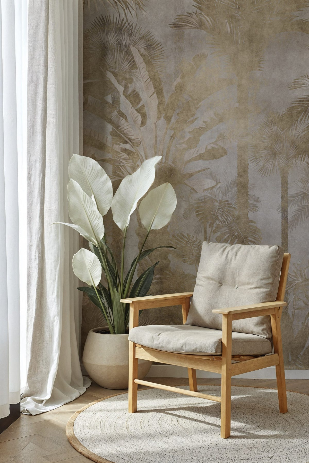 Gold Tropical Forest Wallpaper : Misty Palm Jungle Mural - View 2