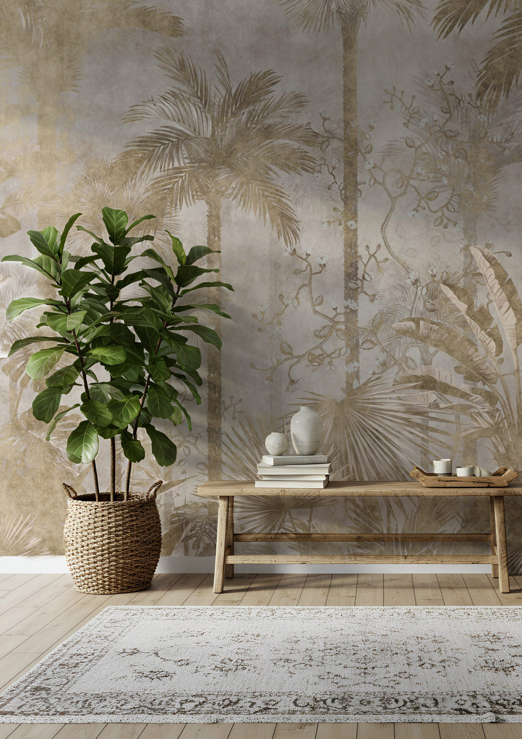 Gold Tropical Forest Wallpaper : Misty Palm Jungle Mural