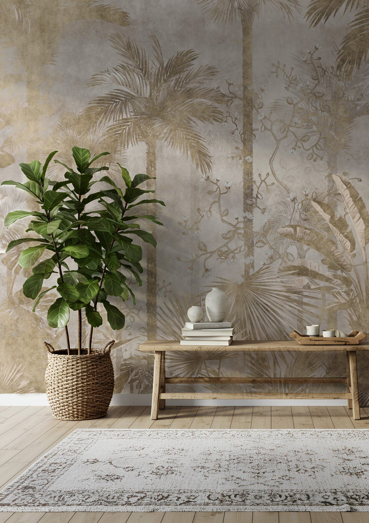Gold Tropical Forest Wallpaper : Misty Palm Jungle Mural