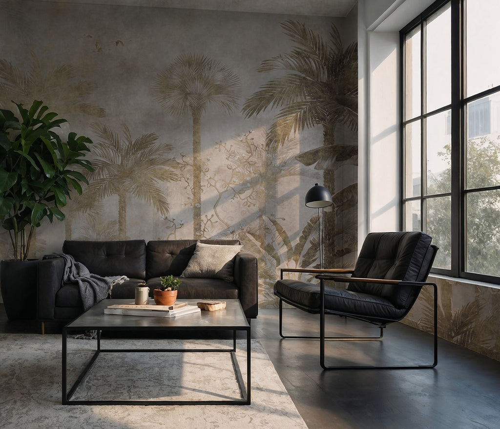 Gold Tropical Forest Wallpaper : Misty Palm Jungle Mural - View 3