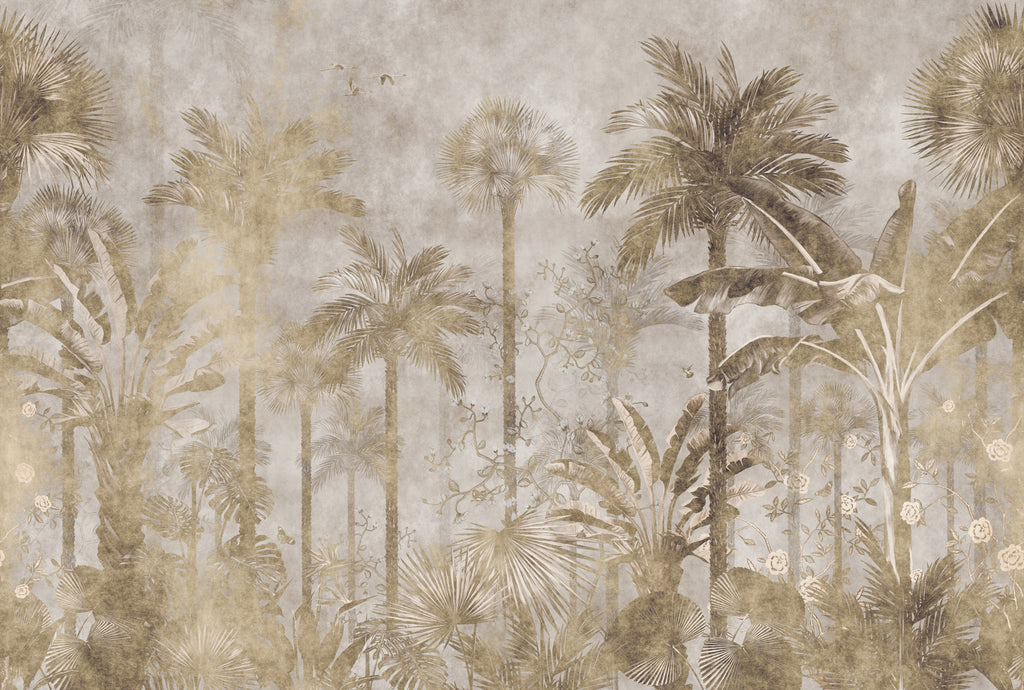 Gold Tropical Forest Wallpaper : Misty Palm Jungle Mural - flat design