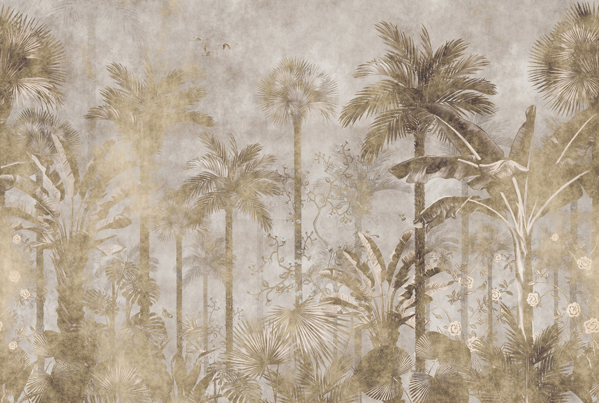 Gold Tropical Forest Wallpaper : Misty Palm Jungle Mural - flat design