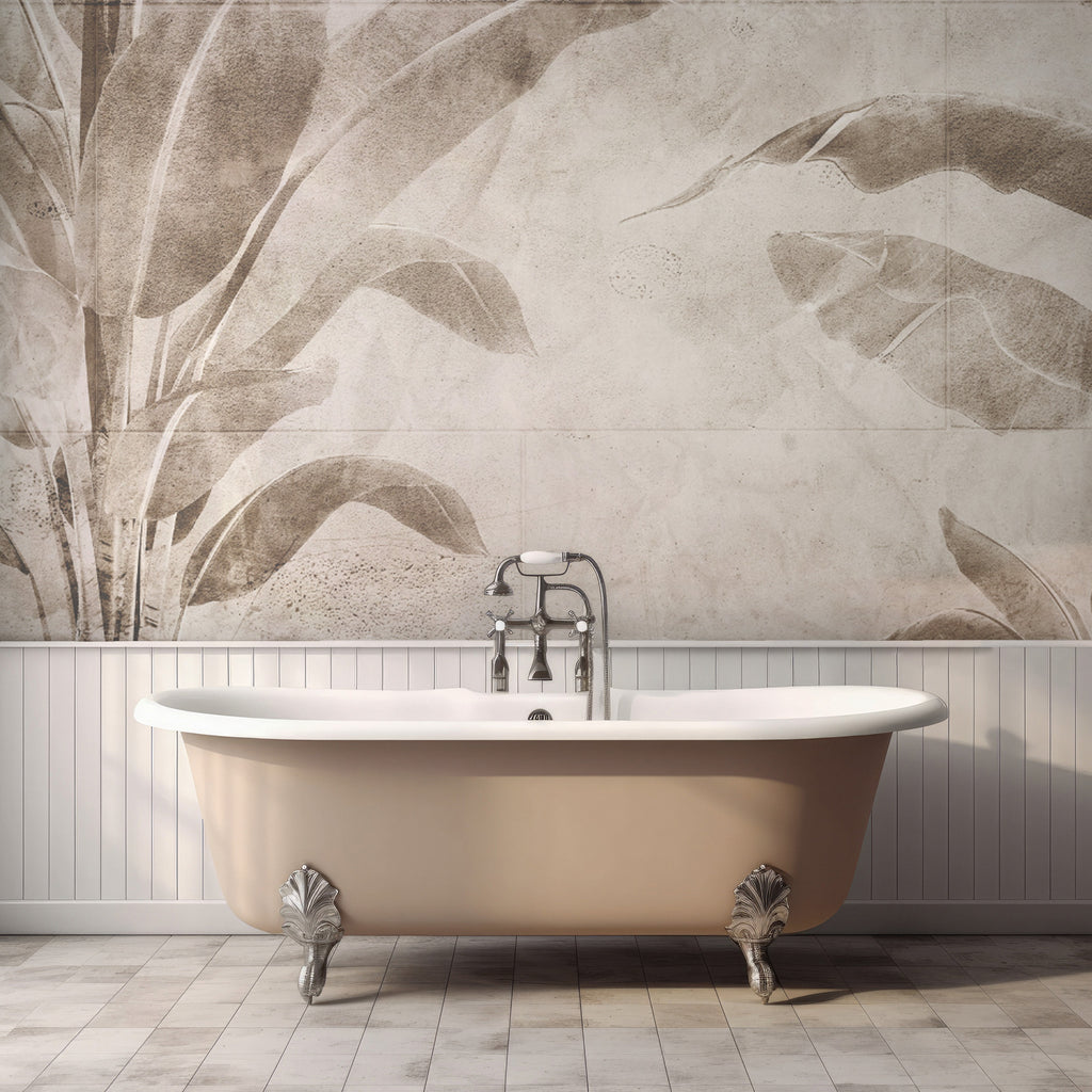 Beige Banana Leaf Wallpaper : Soft Tropical Plant Mural - View 3