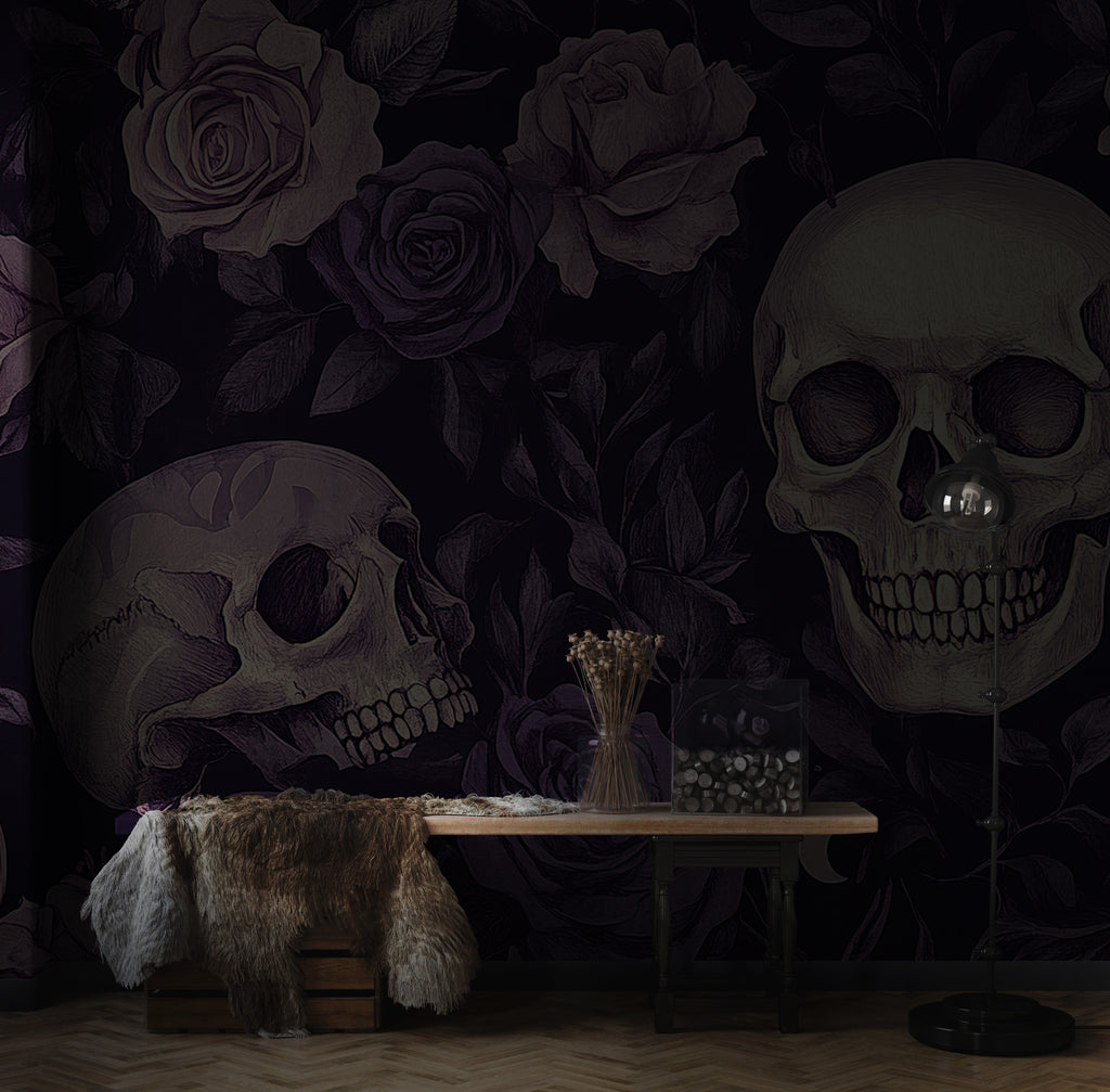 Purple Rose and Skull Wallpaper : Gothic Floral Mural - View 2