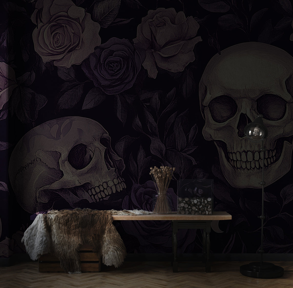 Purple Rose and Skull Wallpaper : Gothic Floral Mural - View 2