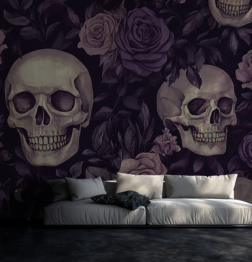 Purple Rose and Skull Wallpaper : Gothic Floral Mural - View 4