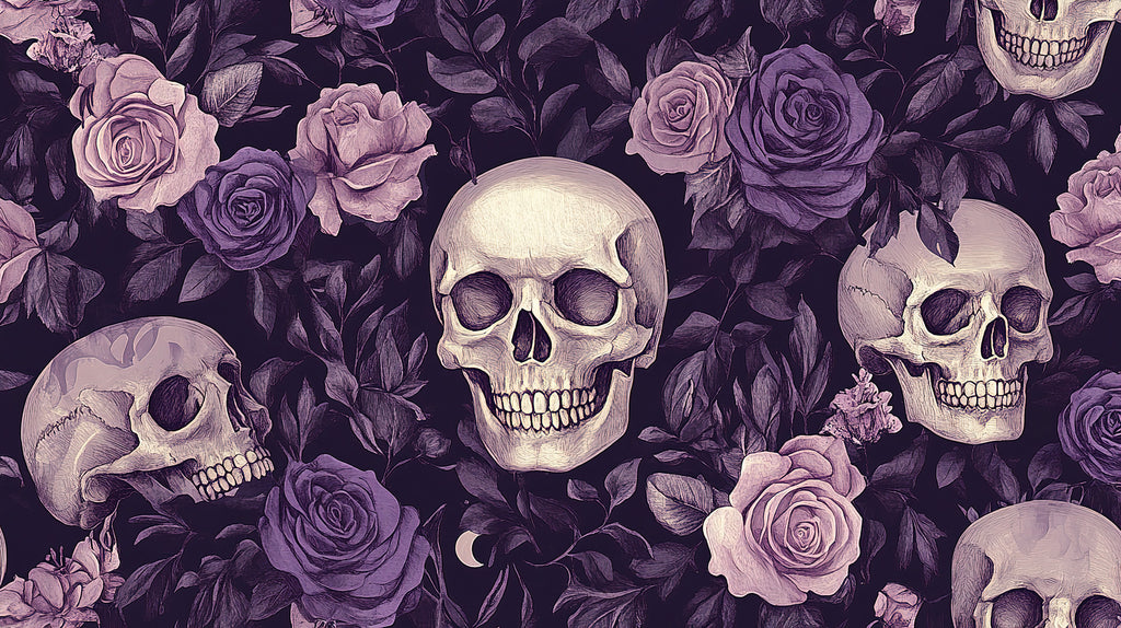 Purple Rose and Skull Wallpaper : Gothic Floral Mural - flat design