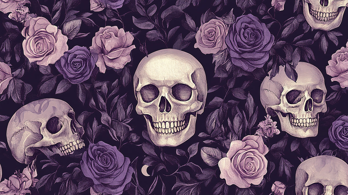 Purple Rose and Skull Wallpaper : Gothic Floral Mural - flat design