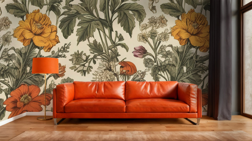 Vintage Floral Wallpaper : Cream Botanical Poppy and Wildflower Mural