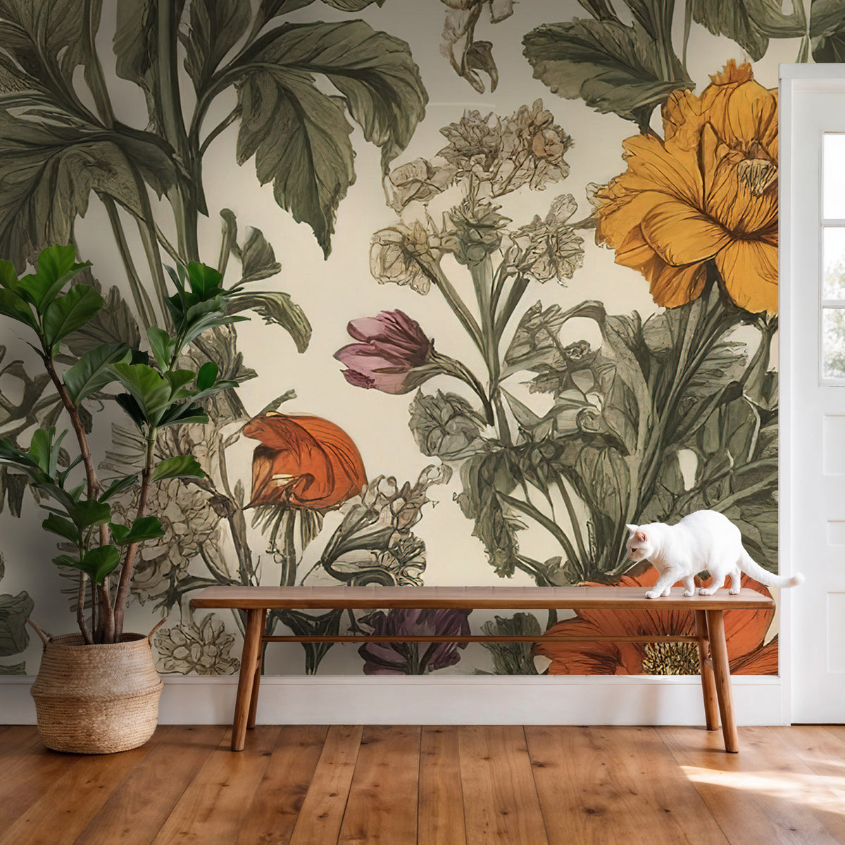Vintage Floral Wallpaper : Cream Botanical Poppy and Wildflower Mural - View 2