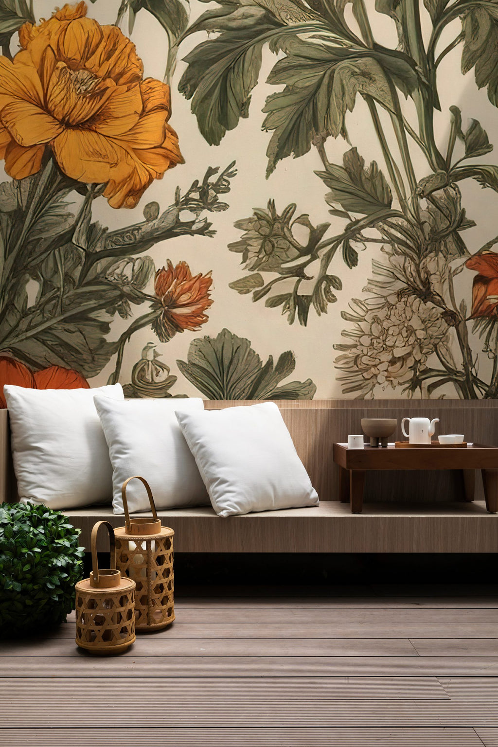Vintage Floral Wallpaper : Cream Botanical Poppy and Wildflower Mural - View 3