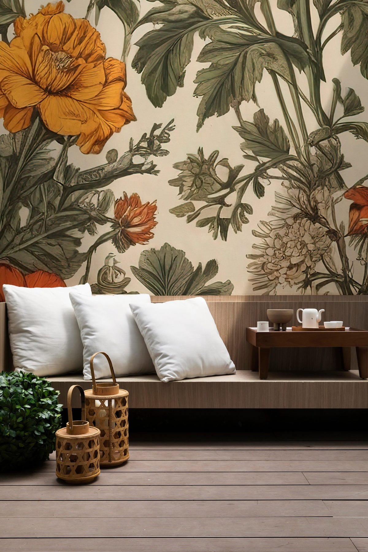 Vintage Floral Wallpaper : Cream Botanical Poppy and Wildflower Mural - View 3