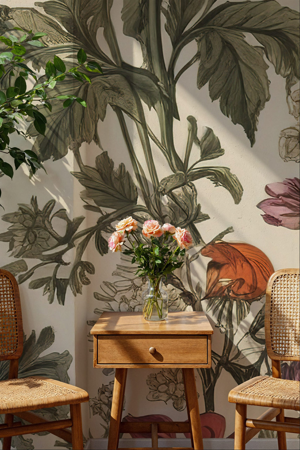 Vintage Floral Wallpaper : Cream Botanical Poppy and Wildflower Mural - View 4