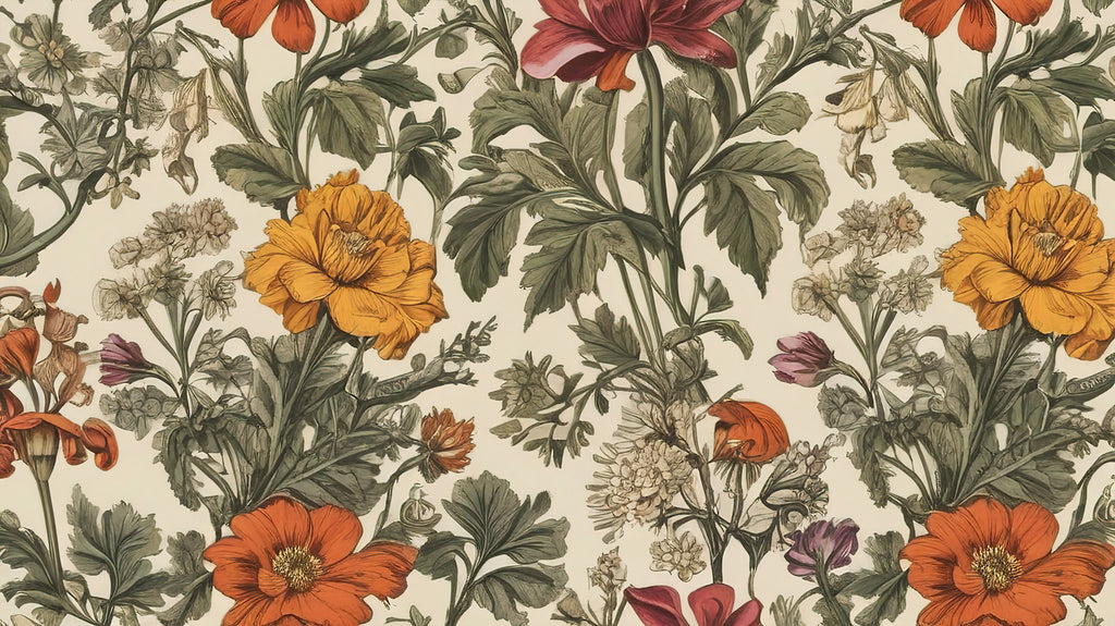 Vintage Floral Wallpaper : Cream Botanical Poppy and Wildflower Mural - flat design