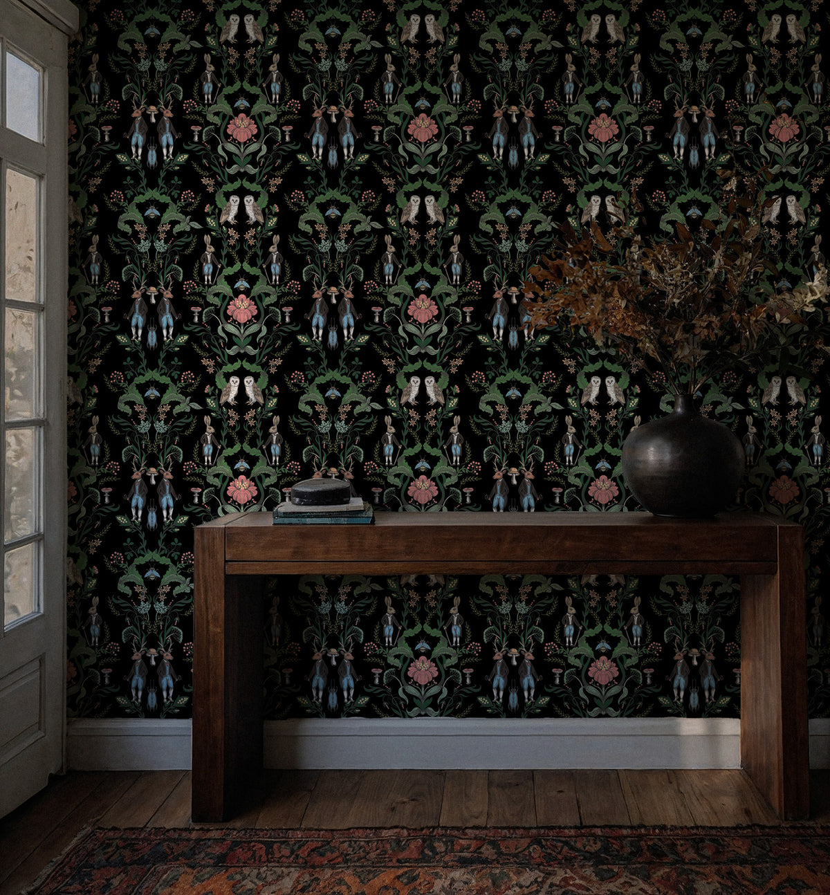 Dark Fantasy Nature Wallpaper : Rabbits and Owls Folk Pattern