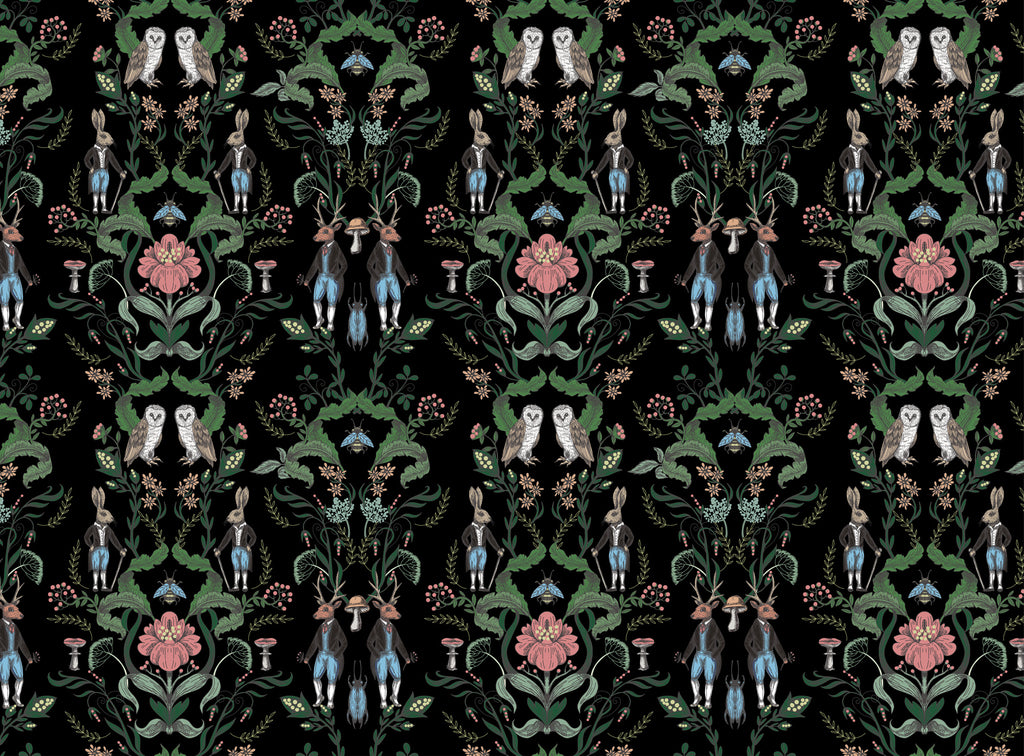 Dark Fantasy Nature Wallpaper : Rabbits and Owls Folk Pattern - View 2