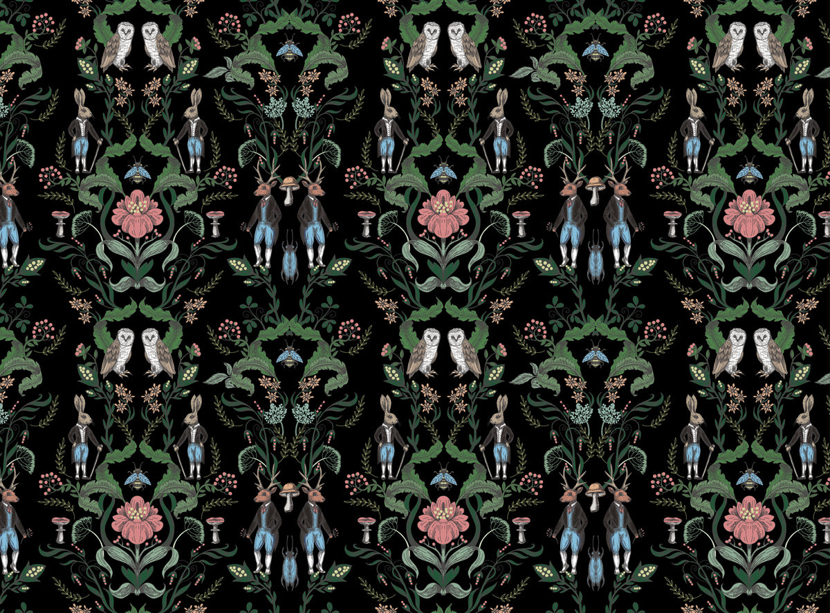 Dark Fantasy Nature Wallpaper : Rabbits and Owls Folk Pattern - View 2