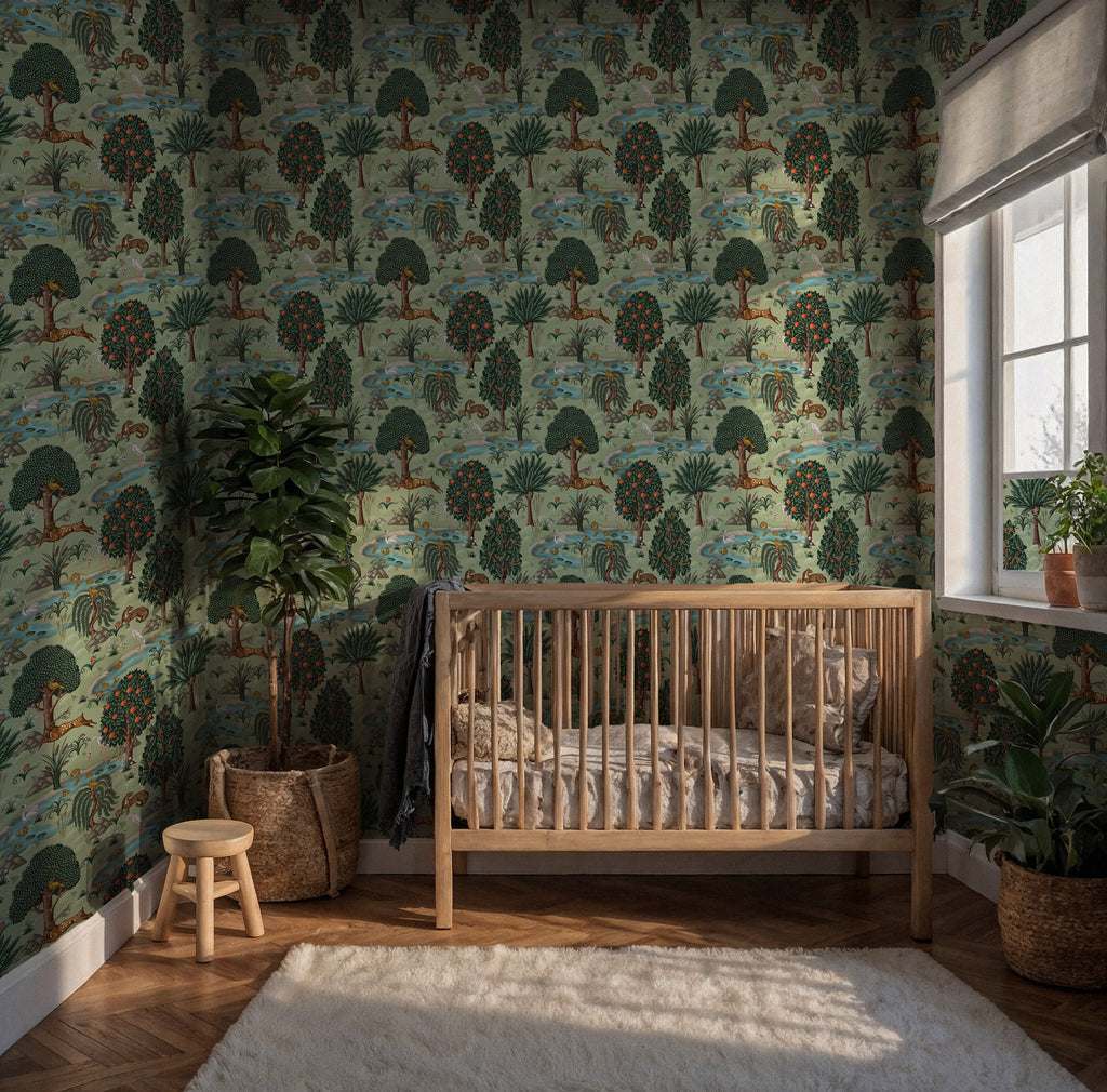 Orange Tree Wallpaper : Green Garden with River and Deer Mural - View 2