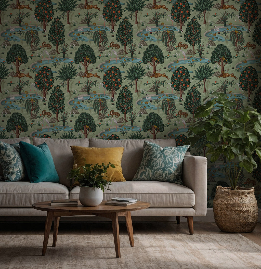 Orange Tree Wallpaper : Green Garden with River and Deer Mural - View 3
