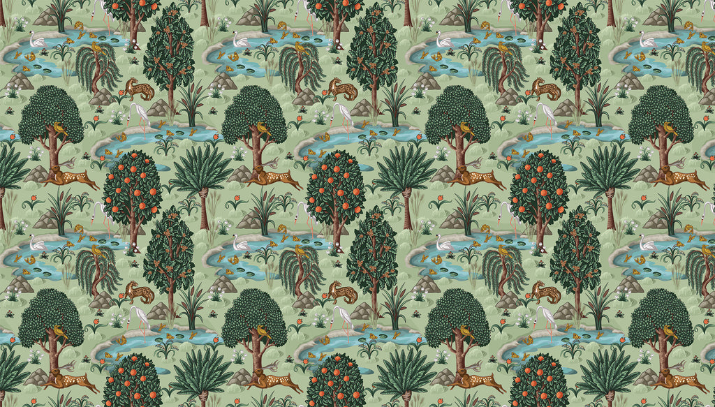 Orange Tree Wallpaper : Green Garden with River and Deer Mural - flat design