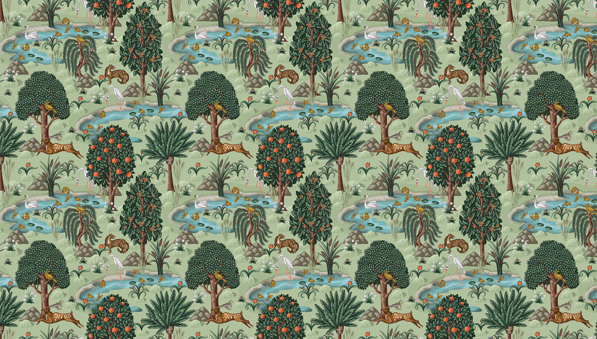 Orange Tree Wallpaper : Green Garden with River and Deer Mural - flat design