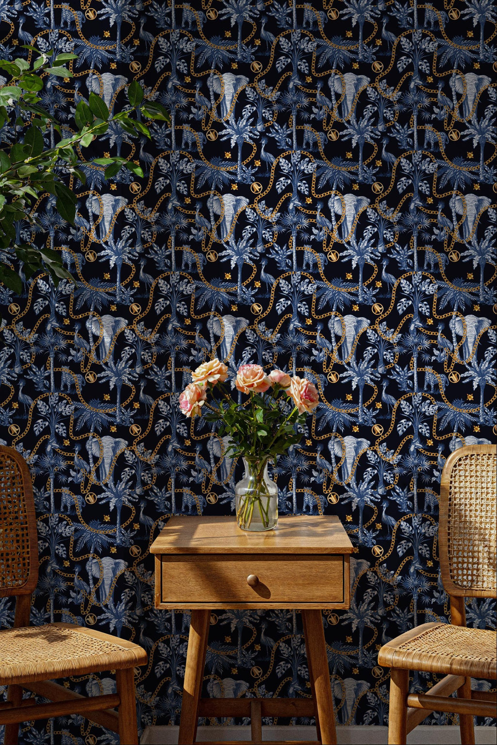 Navy Safari Wallpaper : Elephants, Palms and Gold Chain Mural - View 3