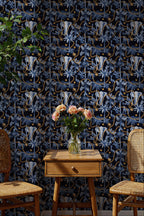 Navy Safari Wallpaper : Elephants, Palms and Gold Chain Mural - View 3
