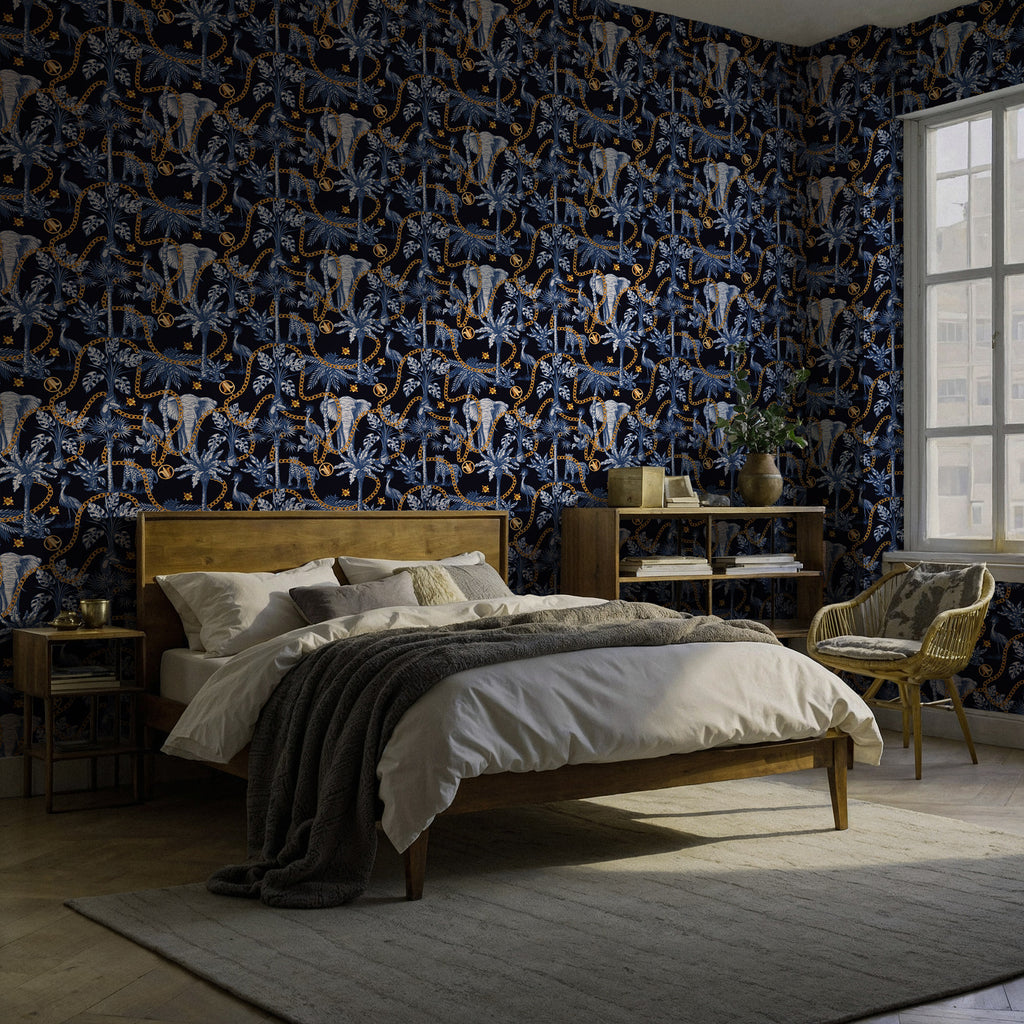 Navy Safari Wallpaper : Elephants, Palms and Gold Chain Mural