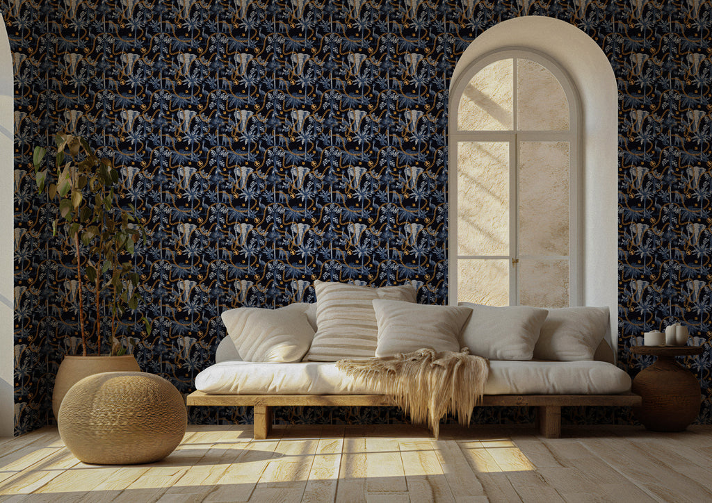 Navy Safari Wallpaper : Elephants, Palms and Gold Chain Mural - View 2